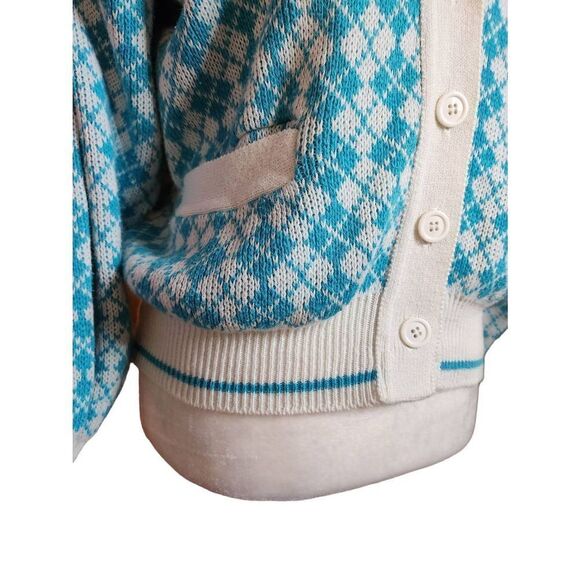 Vintage Argyle Cardigan Sweater Button Front Pockets Medium 60s 70s Golf Quirky - Picture 6 of 7